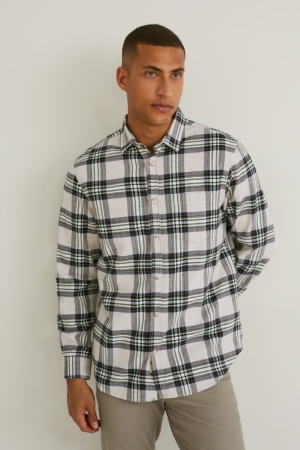 C&A Flannel Regular Fit Kent Collar Check Overhemd Heren Bruin Wit | 9605YRSBU