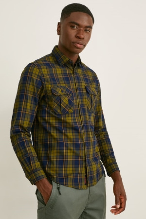 C&A Flannel Regular Fit Kent Collar Thermolite® Check Overhemd Heren Donkergroen | 1980ZDBRN