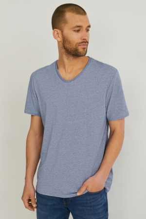 C&A Flex Organic Katoenen Lycra®- Gestreept T-shirts Heren Blauw | 3082QKAYR