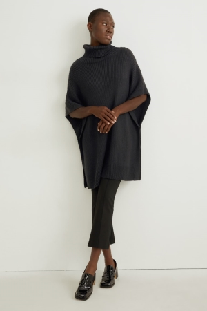 C&A Gebreid Cashmere Blend Poncho Hoodie Dames Zwart | 0614JIPUV