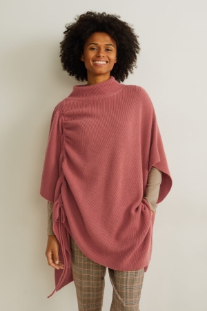 C&A Gebreid Cashmere Blend Poncho Hoodie Dames Donkerroze | 2854JSRKD