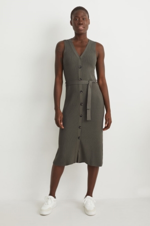 C&A Gebreid WaistWith Livaeco™ Fibres Jurken Dames Donkergroen | 8729QWRFA