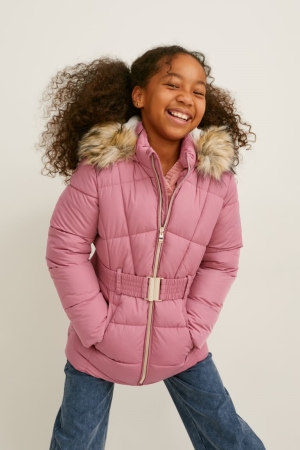 C&A Gewatteerd With Hood, Faux Fur Trim And Belt Jassen Meisjes Donkerroze | 7408VCJUQ