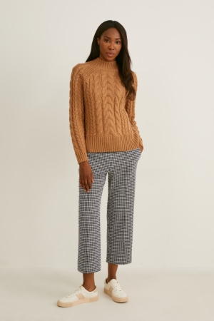 C&A Jersey Brede Leg Check Broek Dames Zwart Wit | 3046QHPDG