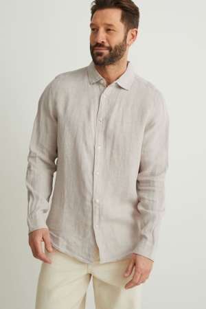 C&A Linen Regular Fit Kent Collar Linen Made From European Flax® Overhemd Heren Beige | 3426QUNHO