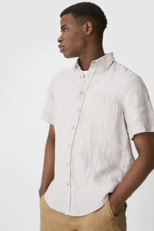 C&A Linen Regular Fit Kent Collar Overhemd Heren Creme | 2735WEAFT