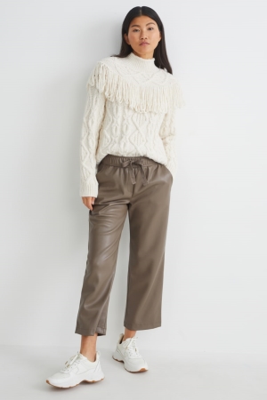 C&A Mid-rise Taille Brede Leg Faux Leren Broek Dames Donkerbruin | 1854YEGDK