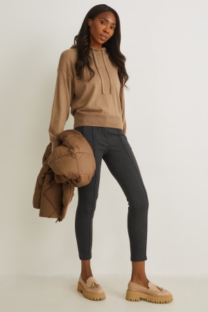 C&A Mid-rise Taille Slim Fit Check Broek Dames Donkergrijs | 1982SZIAR