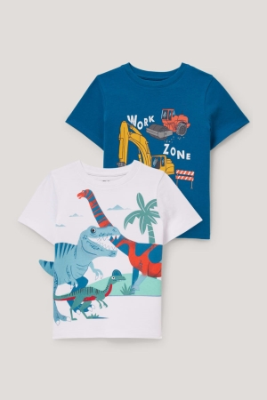 C&A Multipack Of 2 Dinosaur And Digger Sleeve T-shirts Jongens Blauw Wit | 0241JQPLT