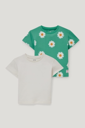 C&A Multipack Of 2 Sleeve In-conversion Katoenen T-shirts Meisjes Wit Groen | 7014AJDTR