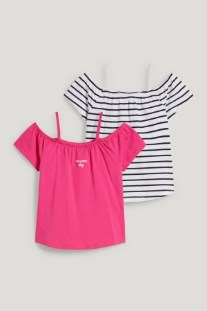 C&A Multipack Of 2 Sleeve In-conversion Katoenen T-shirts Meisjes Roze | 7689VPGWX