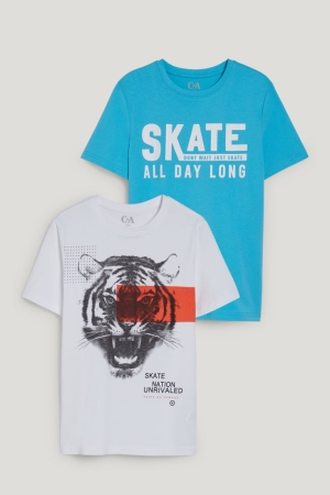 C&A Multipack Of 2 Sleeve With In-conversion Katoenen T-shirts Jongens Wit Lichtblauw | 6078VCATD