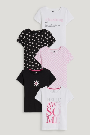 C&A Multipack Of 5 Sleeve In-conversion Katoenen T-shirts Meisjes Wit | 8973YHIEF