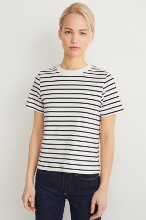 C&A Organic Katoenen Gestreept T-shirts Dames Donkerblauw Wit | 2460WHIQM