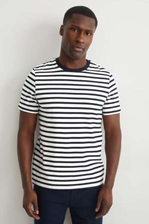 C&A Organic Katoenen Gestreept T-shirts Heren Donkerblauw Wit | 8610FKXRT