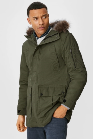 C&A Parka With Hood And Faux Fur Trim Recycled Jassen Heren Donkergroen | 1849NTWKY