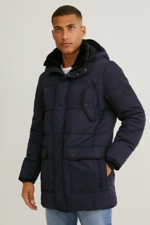 C&A Parka With Hood And Faux Fur Trim Winter Jassen Heren Donkerblauw | 2134FAIUC