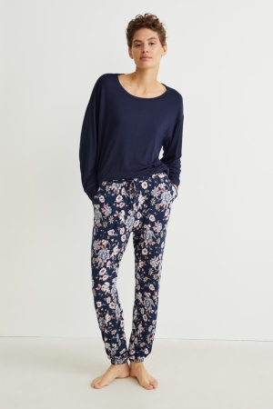 C&A Pyjamas Floral Nachtkleding Dames Donkerblauw | 6042ZMCAE