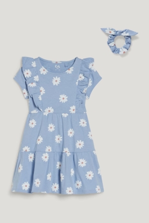 C&A Set And Scrunchie 2 Piece Floral Jurken Meisjes Lichtblauw | 2043NBRCY