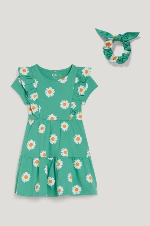 C&A Set And Scrunchie 2 Piece Floral Jurken Meisjes Groen | 8140QZPRF