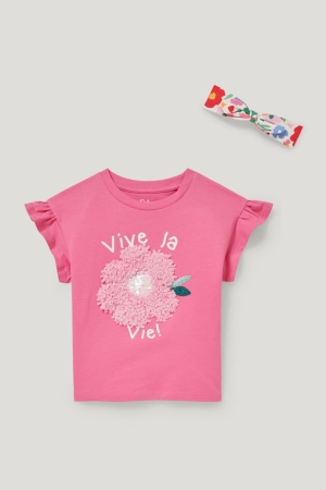 C&A Set Sleeve And Hairband 2 Piece Floral T-shirts Meisjes Roze | 1937RKCHL