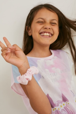 C&A Set Sleeve And Scrunchie 2 Piece Shiny T-shirts Meisjes Roze | 7816PXQYT