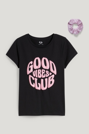 C&A Set Sleeve And Scrunchie In-conversion Katoenen T-shirts Meisjes Zwart | 6428UOKGN