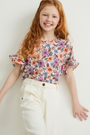 C&A Sleeve Floral T-shirts Meisjes Wit | 6172ABMQT