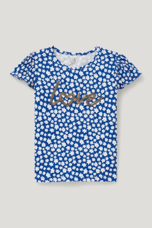 C&A Sleeve In-conversion Katoenen Floral T-shirts Meisjes Blauw | 4258UOAZY