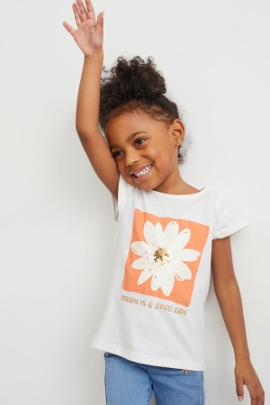 C&A Sleeve In-conversion Katoenen T-shirts Meisjes Wit | 5193QGZPF