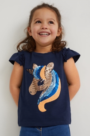 C&A Sleeve Shiny T-shirts Meisjes Donkerblauw | 9783ARDUV