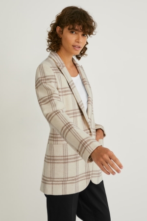 C&A Wol Blend Check Blazer Dames Beige | 0693RPYLG