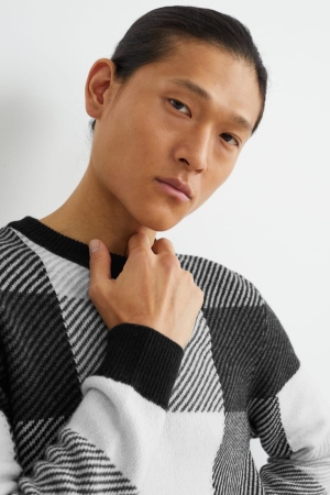 C&A Wol Blend Check Jumpers Heren Wit Grijs | 7105WFMKI